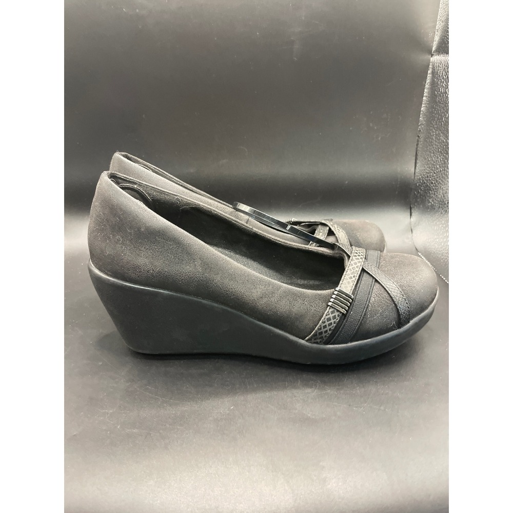 Skechers Air-Cooled Memory Foam Black Wedge Pumps Crisscross Straps Size 8.5